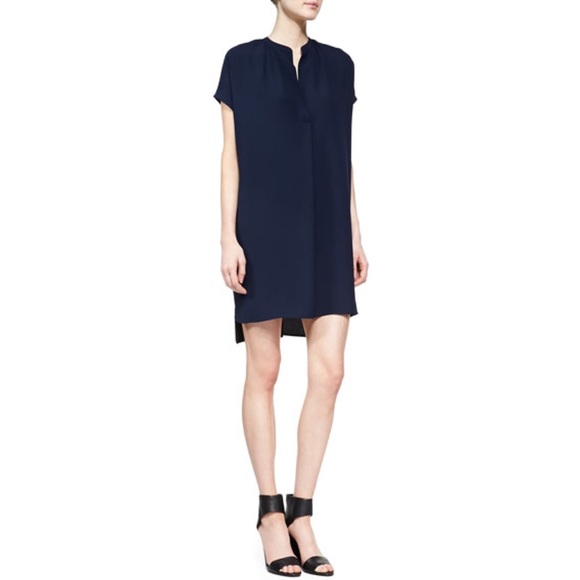 Vince Popover Shift Tunic Hi Low Mini Dress Cap Sleeves Navy Blue S - Picture 6 of 6